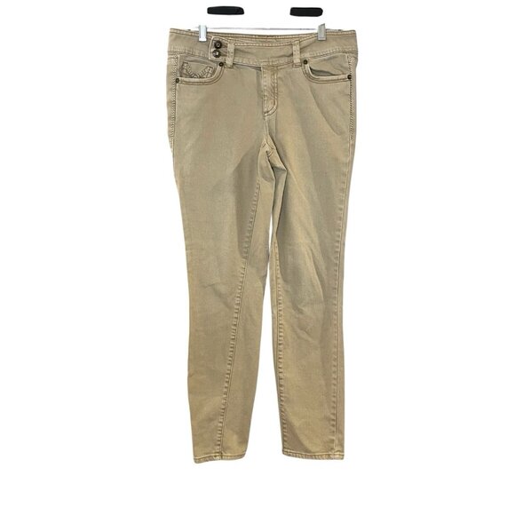 Cache Denim - Cache Y2K Jeans Size 6 Tan Chestnut Mid Rise Skinny Ankle Crop Rhinestone Button